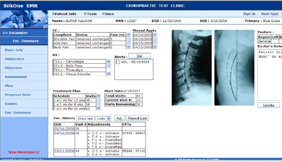 screenshot of SilkOne Cloud Chiropractic EHR
